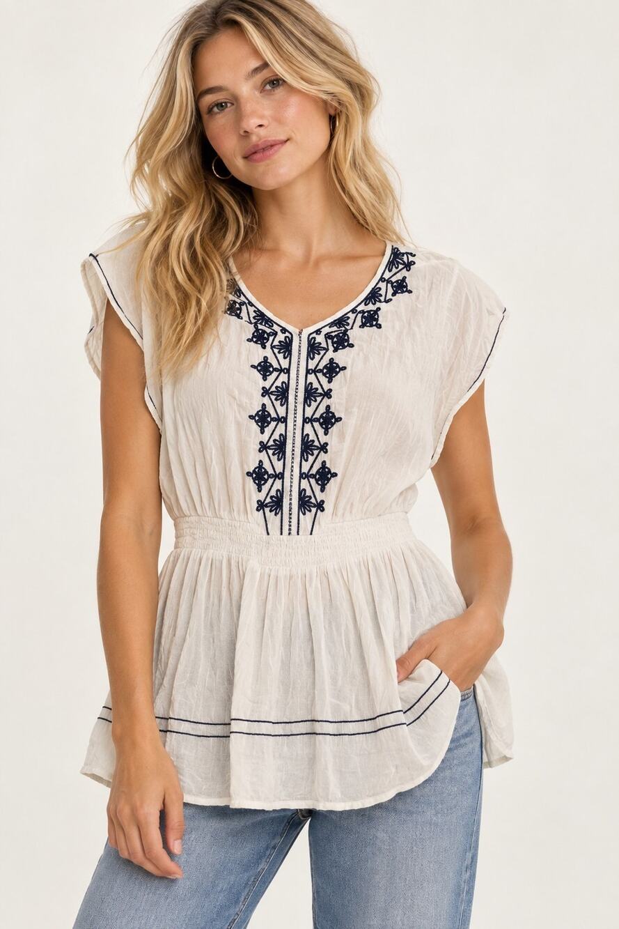 L.O.G.G. Womens White Blue Geometric Embroidered V-Neck Tunic Size S 100% Cotton